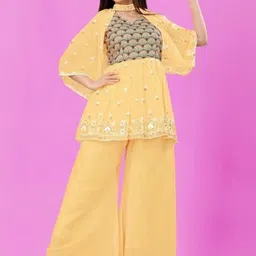 PARROT CREATION Floral Embroidered Pleated Georgette A-Line Kurti with Palazzos & Cape-image-68