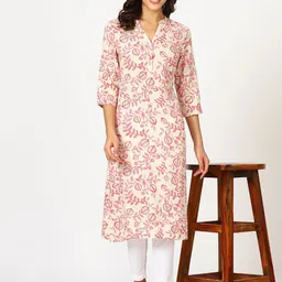 W Beige Floral Printed Mandarin Collar Three-Quarter Sleeves Regular Straight Kurta-image-28