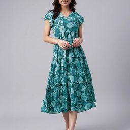 Kalini Women Teal Blue Georgette Floral Printed Tiered Dress-image-49