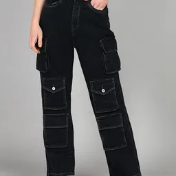 Crazeis Women Comfort Wide Leg High-Rise Acid Wash Stretchable Cargo Styles Jeans-picture-37