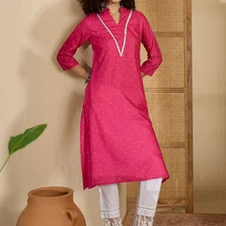 Sangria Women Pink Cotton V-neck Straight Kurta-picture-38
