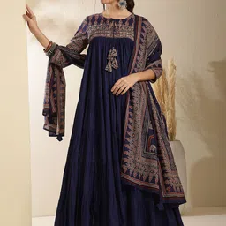 Sangria Women Solid Printed Cotton Anarkali Kurta with Trousers & Dupatta-picture-19
