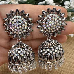 MEIRA JEWELLERY Artificial Stones Studded & Beaded Dome Shaped Jhumkas-picture-12