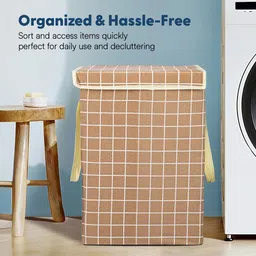 Aura White & Brown Checked Foldable Laundry Bag With Lid 75 L image 5