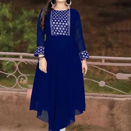 BINDUDI Floral Embroidered Sequinned Round Neck Georgette Anarkali Kurta-10