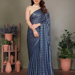 Nirmohi Fashion Women Checked Printed Navy Blue Saree-picture-3
