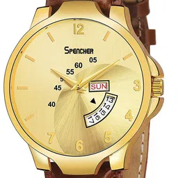 SPENCHER Men Analogue Multi Function Watch SW New 2Tone Golden Dial Brown Strap image 2