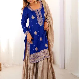 Fusionic Women Ethnic Motifs Embroidered Regular Kurta with Sharara & With Dupatta-picture-8