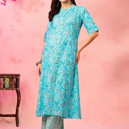 EthniFlair Floral Printed Mandarin Collar Pure Cotton Kurta with Palazzos-55