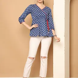 Merira Women Floral Jaipuri Printed Waist Tie-Ups V-Neck Cotton Wrap Top-image-58