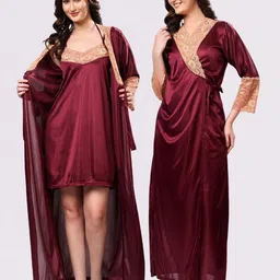 NIGHT KEYS Maroon Satin Maxi Solid Nightdress-57