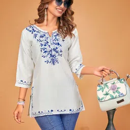 FORKEY Floral Embroidered V-Neck Pure Cotton Kurti-picture-12