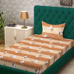 KLOTTHE Mustard Yellow Printed Pure Cotton 400 TC Single Bedsheet Set 2.25m x 1.50m-image-28