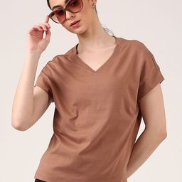Jolene.club Terracotta Solid V-neck Cap Sleeves T-shirt-image-26