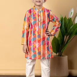 Readiprint Fashions Boys Floral Printed Band Collar Chanderi Silk Straight Kurta & Pyjamas-image-39