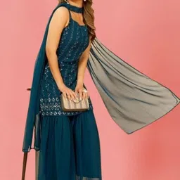 PARROT CREATION Embroidered Straight Sequinned Kurti With Sharara And Dupatta image 2