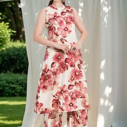 FASHOR Floral Printed Mandarin Collar A-Line Kurta With Palazzos-image-10