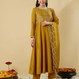 MOKOSH Floral Embroidered Round Neck Sequinned Anarkali Kurta with Trousers & Dupatta-1