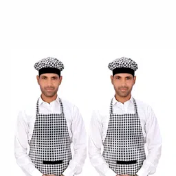 SWITCHON 2Pcs Black & White Checked Cotton Aprons With Cap-39