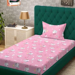 Myntra Elegant Homes Pink & White Cartoon Characters 400 TC Single Bedsheet with 1 Pillow Covers-image-13