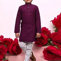 Qtsy Boys Floral Embroidered Regular Mirror Work Pure Cotton Kurta with Pyjamas-13
