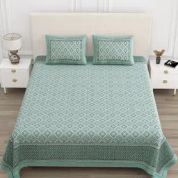 TrueYarns White & Green Ethnic Motifs 210 TC King Bedsheet with 2 Pillow Covers-14