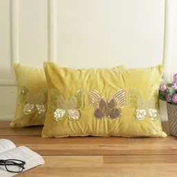 eyda Yellow 2 Pieces Embellished Velvet Rectangle Cushion Covers-17
