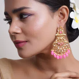 Anouk Gold-Plated Artificial Stones Studded and Pearls Beaded Crescent Shaped Chandbalis image 3
