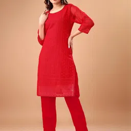 ZAZADIYA IMPEX Ethnic Motifs Embroidered Chikankari Straight Kurta-12