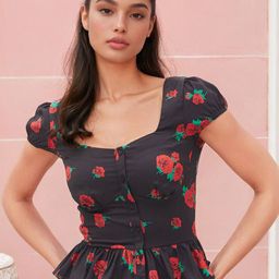 Stylecast X Slyck Floral Print Sweetheart Neck Puff Sleeve Peplum Crop Top-picture-1