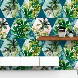 ArtzFolio Printed UV-Resistant Anti-Bacterial Tropical Leaves And Palm Trees In Geometrical Shapes Peel & Stick Wallpaper-image-2