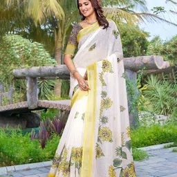 ZILVIRA Floral Pure Linen Designer Block Print Saree-image-57
