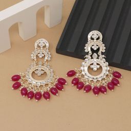 CAPILITE Jewellers Gold-Plated Kundan Studded And Pearls Beaded Circular Drop Earrings-image-101