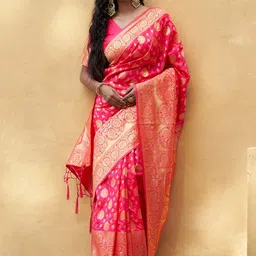 KALINI Pink Banarasi Silk Ethnic Motifs Saree with Unstitched Blouse Piece-image-98