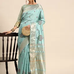 DIVASTRI Woven Design Embroidered Silk Cotton Banarasi Saree-image-43