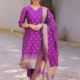 BAESD Woven Design V-Neck Straight Kurti With Trousers & Dupatta-picture-13