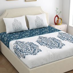 Dreamscape Blue & White Ethnic Motifs 200 TC Queen Bedsheet with 2 Pillow Covers-image-59