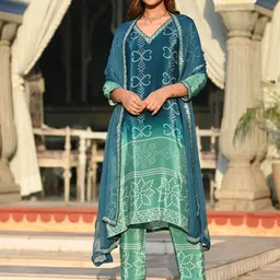 PEENGAX Bandhani Embroidered V-Neck Straight Kurta With Trousers And Dupatta-21