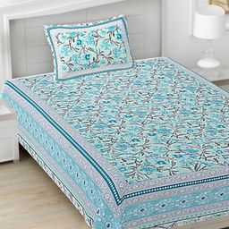 FrionKandy Living Turquoise Blue Floral Printed Cotton 180 TC Single Bedsheet Set-image-85