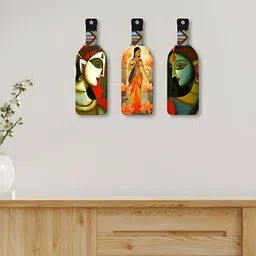 ArtVibes 3Pcs Orange-Colored & Green Printed Wooden Wall Decor Hangings-18