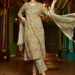 Sangria Floral Printed Pure Cotton Kurta With Trousers & Dupatta Set-picture-32