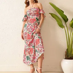 STREET 9 Floral Print Off-Shoulder Crepe A-Line Midi Dress-image-38