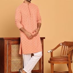 Anouk Peach Floral Embroidered Mandarin Collar Sequinned Kurta With Pyjamas-image-31