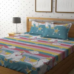 Myntra Elegant Homes Green & Pink Cartoon Characters 300 TC Queen Bedsheet with 2 Pillow Covers-picture-41