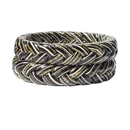Handcrafted Black Lac Bangles with Golden and White Leheriya Wave Design-image-28
