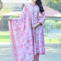 Anouk Women Floral Printed Thread Work Pure Cotton Kurta with Trousers & With Dupatta-15