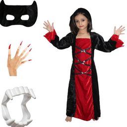 Kaku Fancy dresses Girls Halloween Cosplay Witch Costume Gown With Teeth, Mask & Nail Set-51