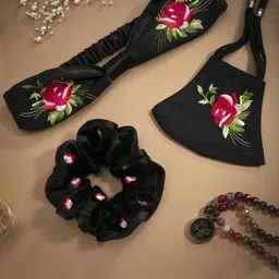 MASQ 3-Pcs Embroidered Scrunchie Hairband & Face Mask-12