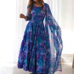 Kedar Fab Floral Printed Round Neck Georgette Panelled Anarkali Kurta With Dupatta-42