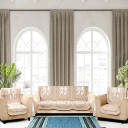 Aura Cream-Coloured & Brown 6 Pieces Floral Printed 5 Seater Sofa Covers-11